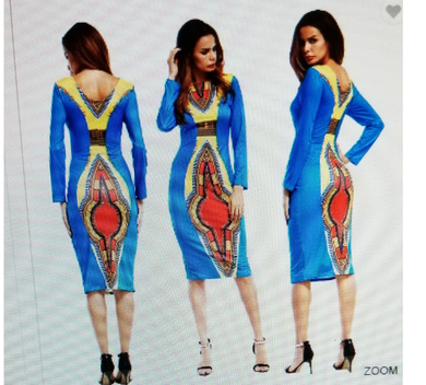 Long Sleeve Blue Low Back Neck Cut African Kitenge Dress