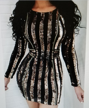 Load image into Gallery viewer, Beautiful Long Sleeve Subliminal Gold Strip Mini Style Dress