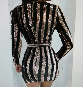 Beautiful Long Sleeve Subliminal Gold Strip Mini Style Dress