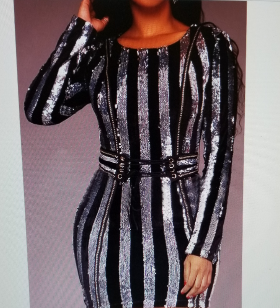 Beautiful Long Sleeve Subliminal Silver Strip Mini Style Dress