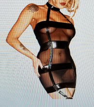 Load image into Gallery viewer, Black Transparent Halter Garter Mini Dress With Thong Panties