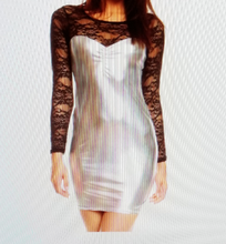 Load image into Gallery viewer, Sexy Silver Vinyl Mini Dress With Black Lace Trim