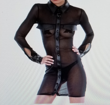 Load image into Gallery viewer, Sensual Black Transparent Shirt Mini Dress With Vinyl Etchings With Thong Panties