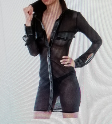 Sensual Black Transparent Shirt Mini Dress With Vinyl Etchings With Thong Panties