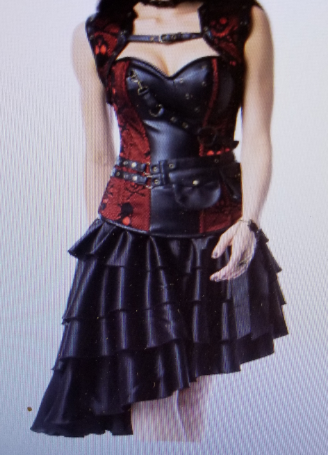 Red Gothic Corset With Black Leather Pockets And Matching V Skirt