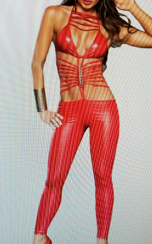 Sexy Red Curve Hugging Hollow Out Faux Leather Body Suit