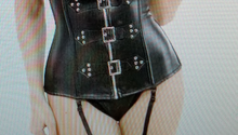 Load image into Gallery viewer, Black Leather Open Bust Halter Corset Top With Matching Thong Panties - Pasties Not Included