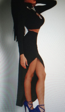 Load image into Gallery viewer, Sexy Black 2 Piece Long Sleeve Crop Top With Matching Long Slit Skirt